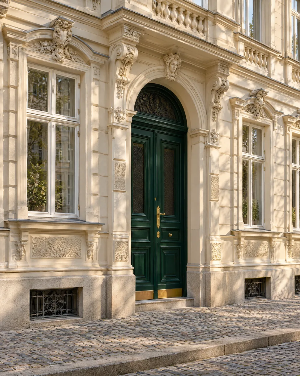 Wiener Gründerzeitfassade mit smaragdgrüner Haustür und Messingbeschlägen