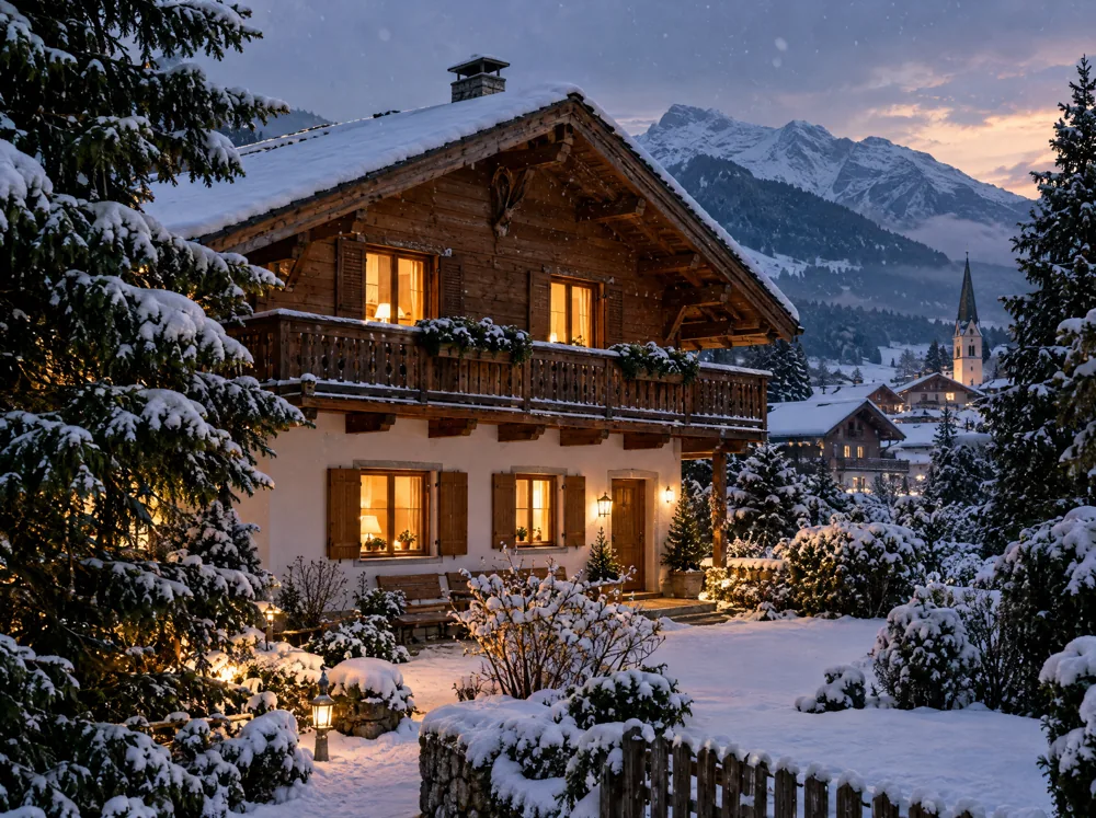 Haus in den Bergen im Schnee mit warmem Licht in den Fenstern