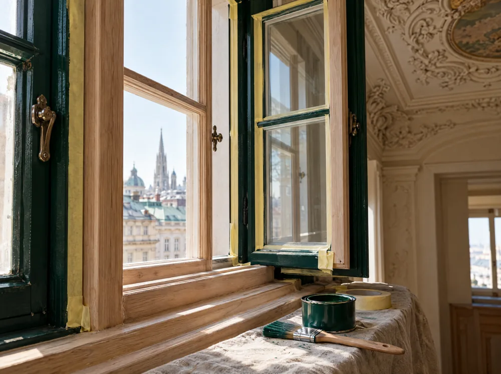 Altes Wiener Kastenfenster mit Stuck wird in Grün neu gestrichen
